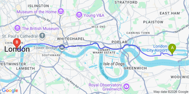 Map: London City Airport (LCY) to London EC1