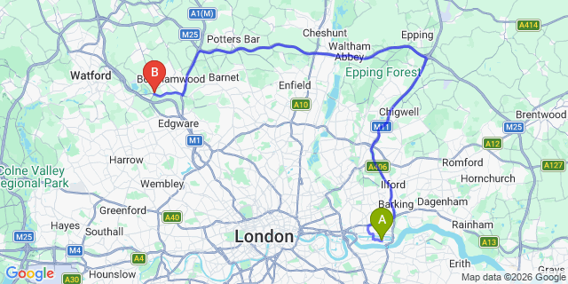 Map: London City Airport (LCY) to London - Elstree
