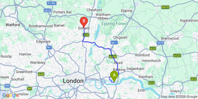 Map: London City Airport (LCY) to London - Enfield