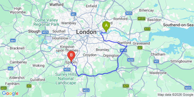 Map: London City Airport (LCY) to London - Epsom