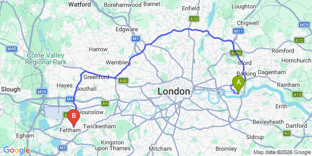 Map: London City Airport (LCY) to London - Feltham