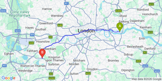 Map: London City Airport (LCY) to London - Hampton