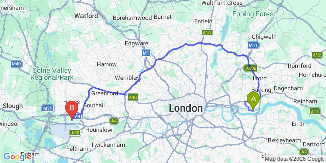 Map: London City Airport (LCY) to London - Harlington