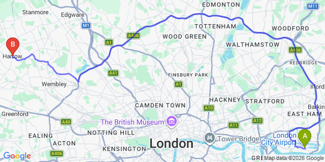 Map: London City Airport (LCY) to London - Harrow