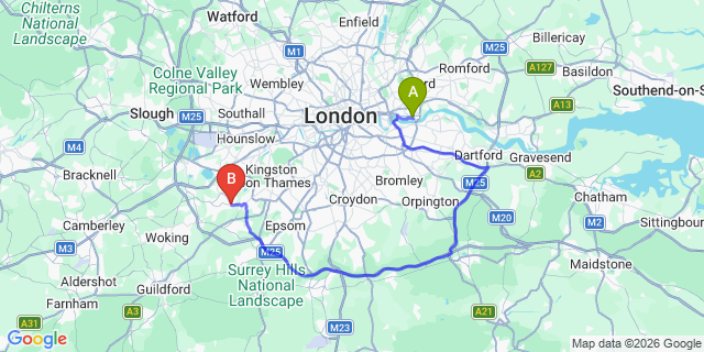 Map: London City Airport (LCY) to London - Hersham