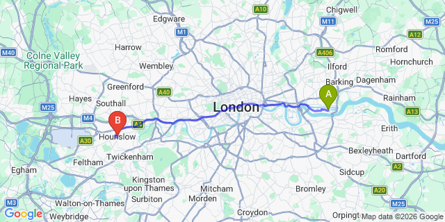 Map: London City Airport (LCY) to London - Hunslow