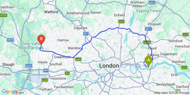 Map: London City Airport (LCY) to London - Ickenham