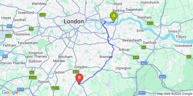 Map: London City Airport (LCY) to London - Kenley