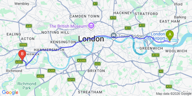 Map: London City Airport (LCY) to London - Kew