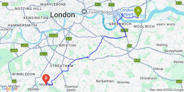 Map: London City Airport (LCY) to London - Mitcham