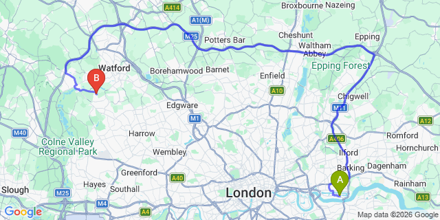 Map: London City Airport (LCY) to London - Moor Park