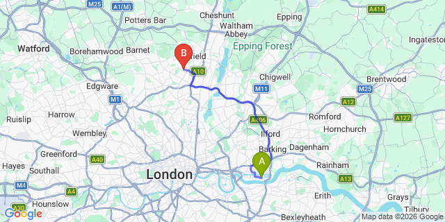 Map: London City Airport (LCY) to London N21