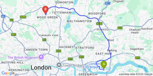 Map: London City Airport (LCY) to London N22