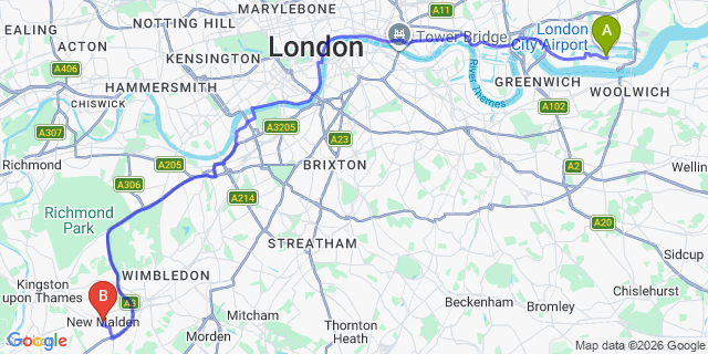Map: London City Airport (LCY) to London - New Malden