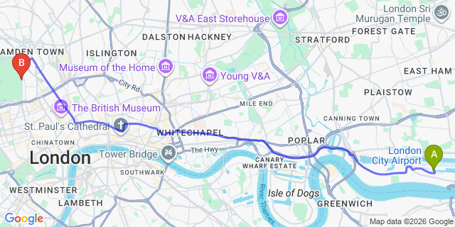 Map: London City Airport (LCY) to London NW1