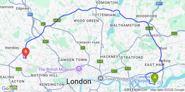 Map: London City Airport (LCY) to London NW10