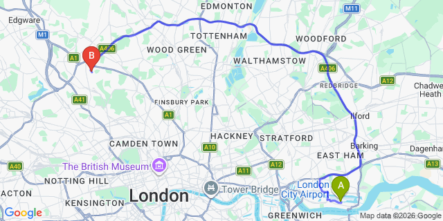 Map: London City Airport (LCY) to London NW11