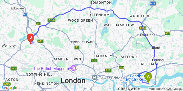 Map: London City Airport (LCY) to London NW2