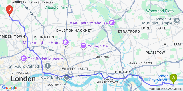 Map: London City Airport (LCY) to London NW5