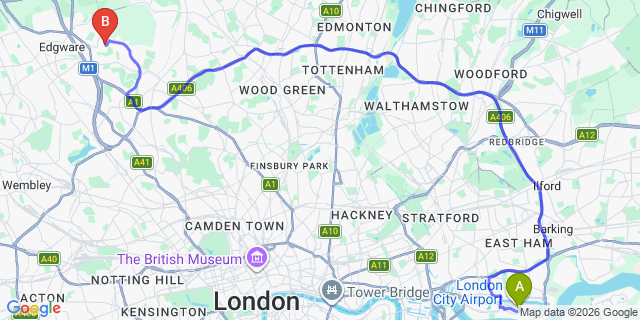 Map: London City Airport (LCY) to London NW7