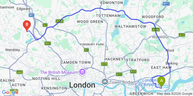 Map: London City Airport (LCY) to London NW9