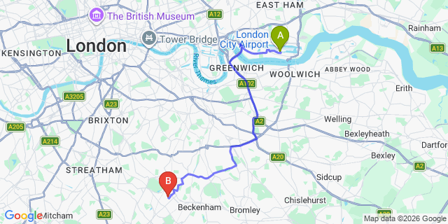Map: London City Airport (LCY) to London - Penge