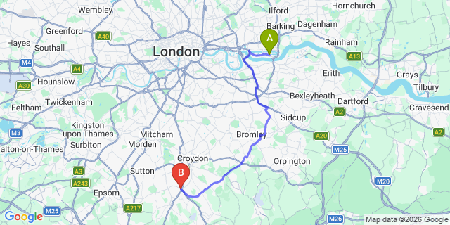 Map: London City Airport (LCY) to London - Purley