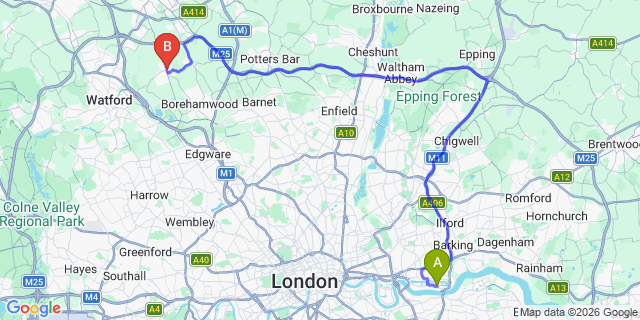 Map: London City Airport (LCY) to London - Radlett