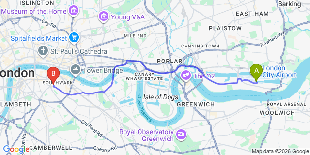 Map: London City Airport (LCY) to London SE1