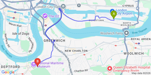 Map: London City Airport (LCY) to London SE10