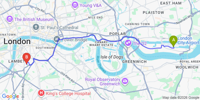 Map: London City Airport (LCY) to London SE11