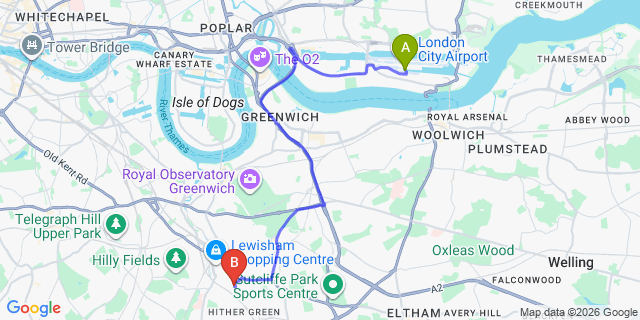 Map: London City Airport (LCY) to London SE13