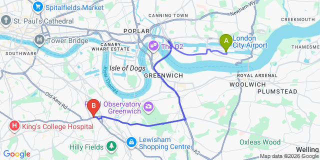 Map: London City Airport (LCY) to London SE14