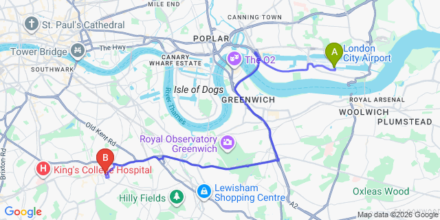 Map: London City Airport (LCY) to London SE15