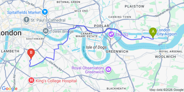 Map: London City Airport (LCY) to London SE17
