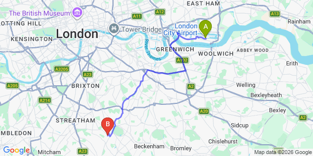 Map: London City Airport (LCY) to London SE19