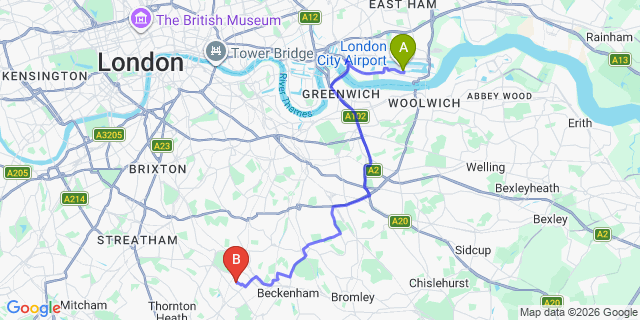 Map: London City Airport (LCY) to London SE20