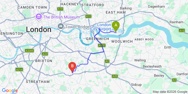 Map: London City Airport (LCY) to London SE23