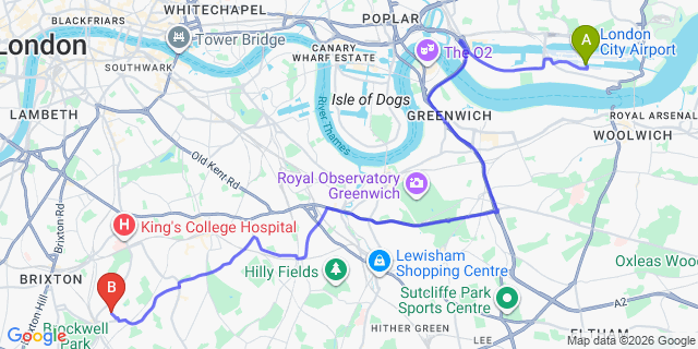 Map: London City Airport (LCY) to London SE24
