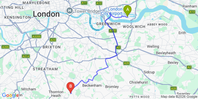Map: London City Airport (LCY) to London SE25