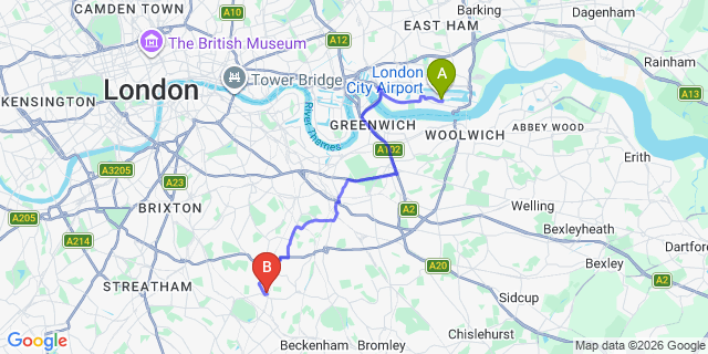 Map: London City Airport (LCY) to London SE26