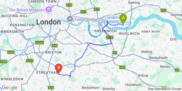 Map: London City Airport (LCY) to London SE27