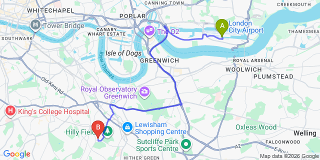 Map: London City Airport (LCY) to London SE4