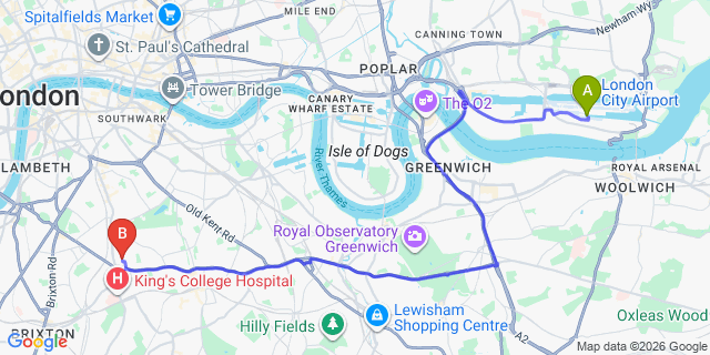 Map: London City Airport (LCY) to London SE5