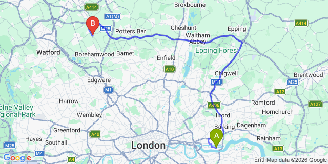 Map: London City Airport (LCY) to London - Shenley