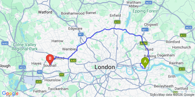 Map: London City Airport (LCY) to London - Southall