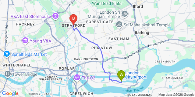 Map: London City Airport (LCY) to London - Stratford