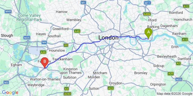 Map: London City Airport (LCY) to London - Sunbury-on-Thames