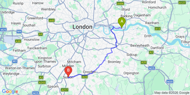 Map: London City Airport (LCY) to London - Sutton