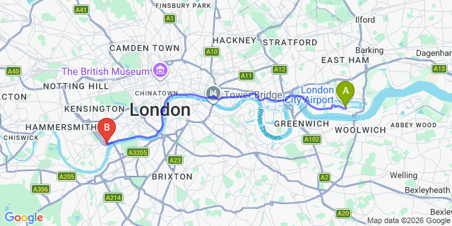 Map: London City Airport (LCY) to London SW10